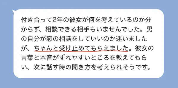 男性30代の方の感想: 彼女の考えが分からず相談相手もいなかったが、ちゃんと受け止めてもらえて、次に話す時の聞き方を考えられそうだ