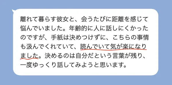 男性40代の方の感想: 離れて暮らす彼女との距離に悩んでいたが、決めつけず事情も汲んでもらえて、一度ゆっくり話してみようと思えた